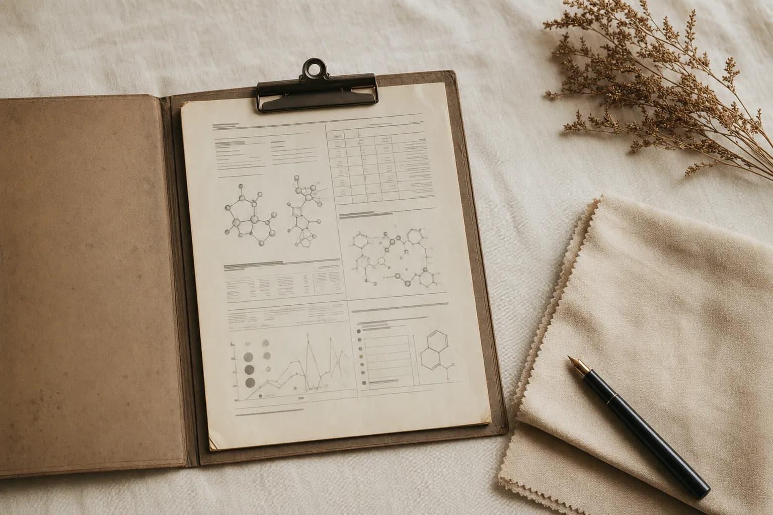 Open clipboard with a printed lab analysis sheet and chemistry test data on a warm cream linen surface, beside a folded cotton swatch and a small fountain pen