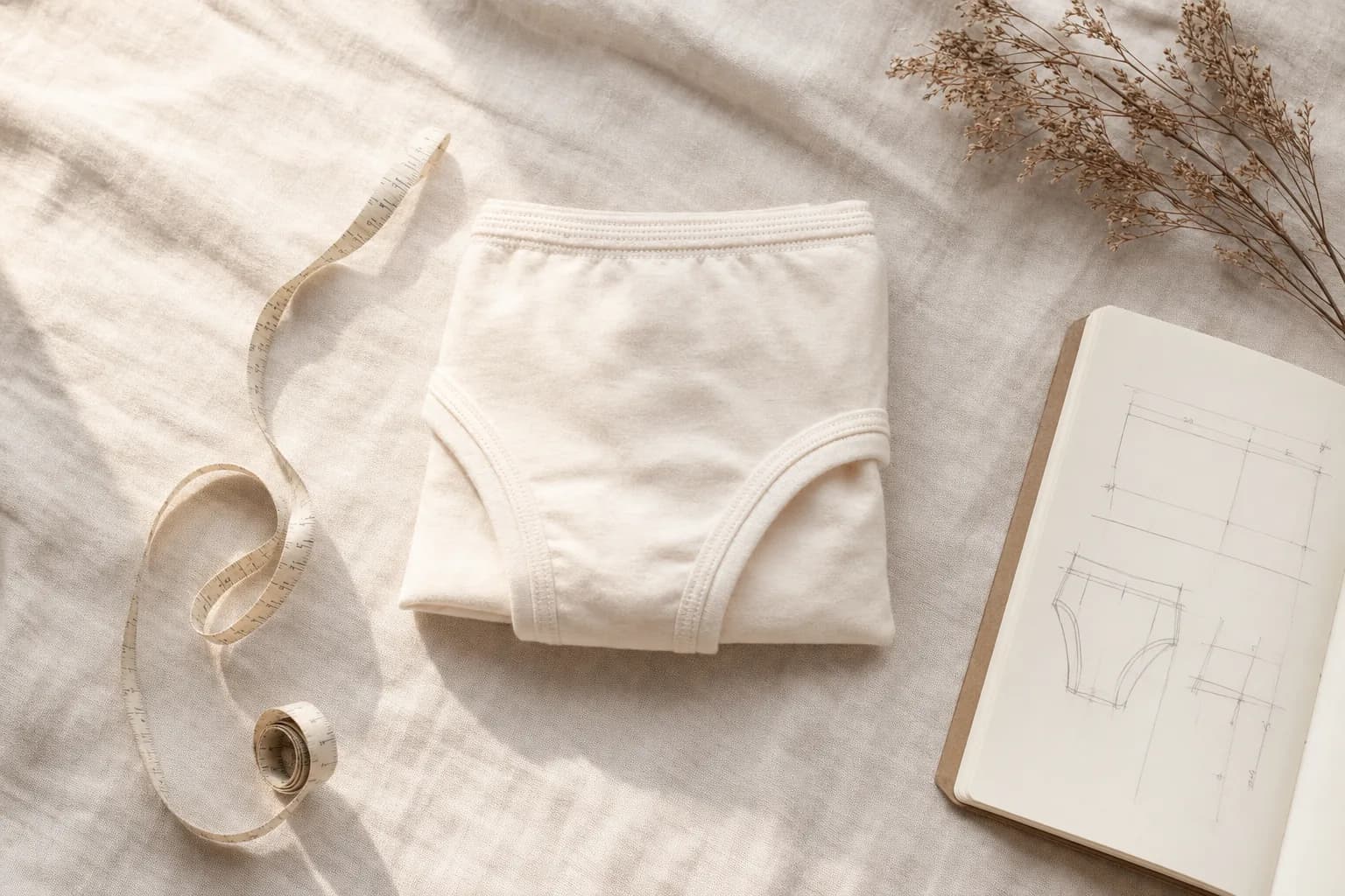 Folded organic cotton brief on a warm cream linen surface beside a soft cloth measuring tape, a small open notebook, and a sprig of dried botanical foliage