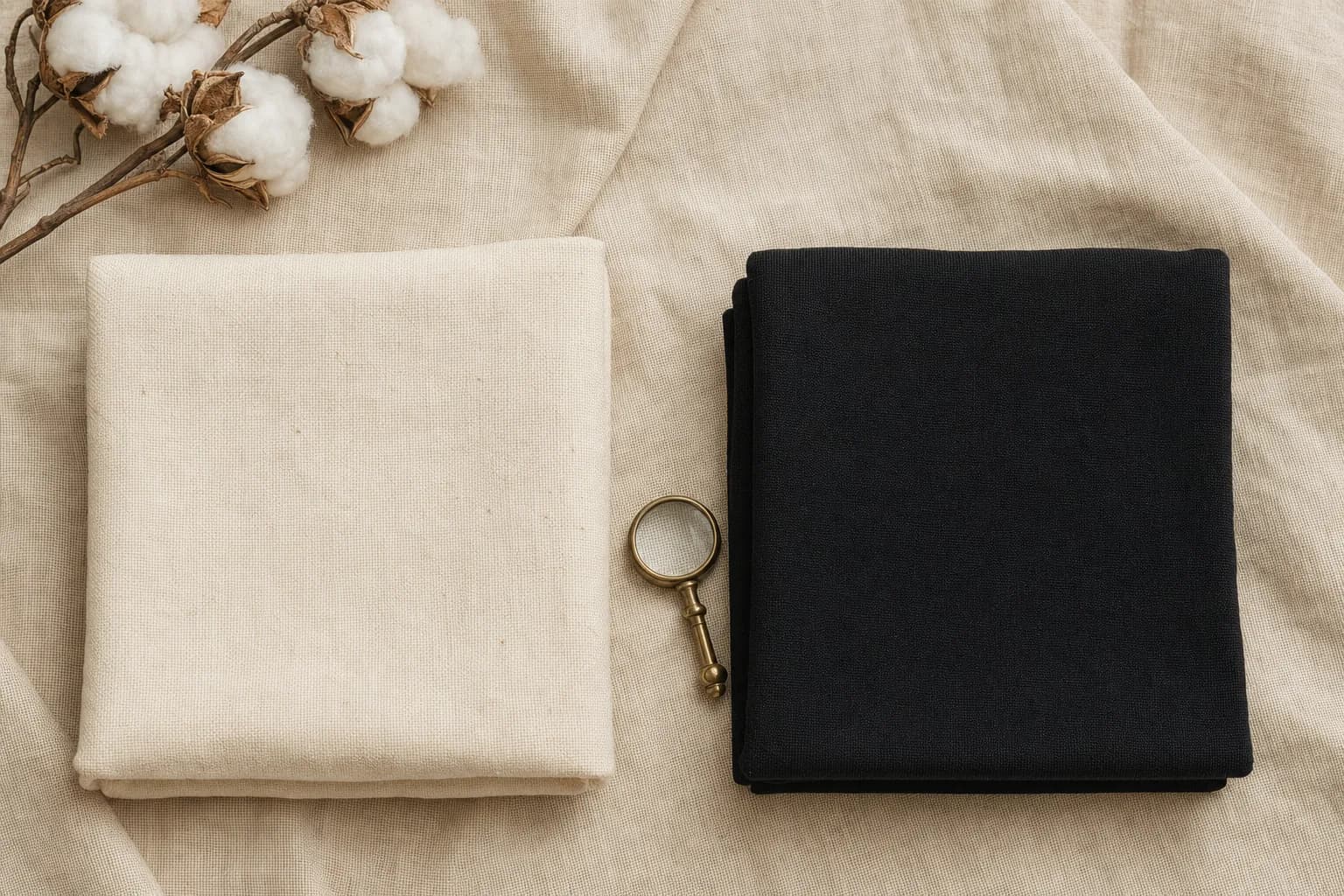 Two fabric swatches on a warm linen background — soft cream organic cotton next to a darker synthetic knit, with a small magnifying loupe showing the weave detail