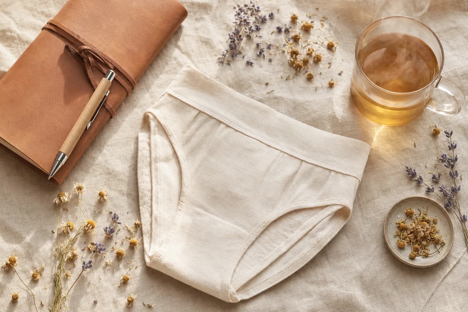 Folded organic cotton brief on a soft cream linen surface beside a small open notebook, dried chamomile flowers and a glass of warm tea, gentle morning daylight
