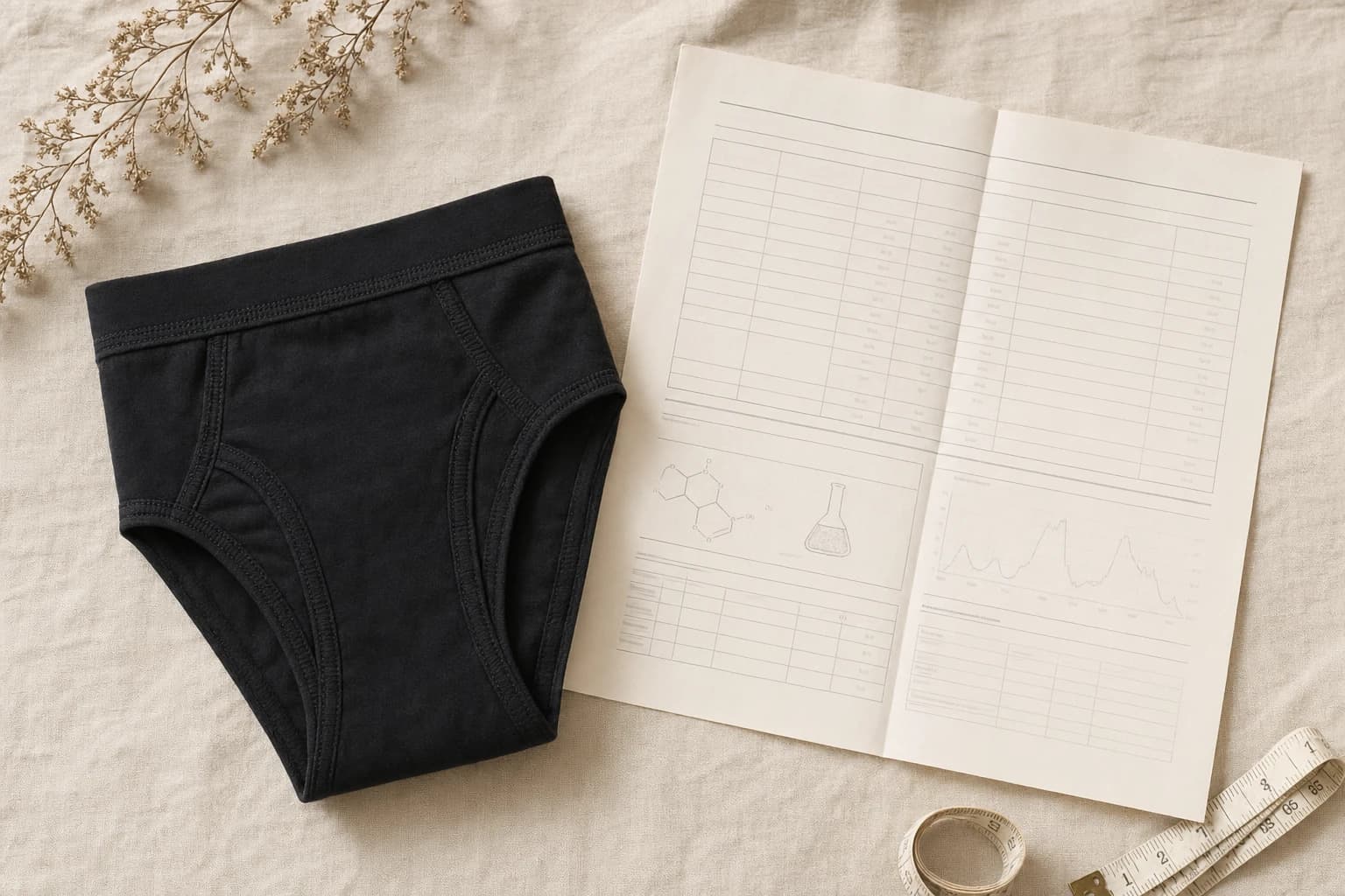Folded organic cotton period brief on a warm neutral background next to a printed independent laboratory test report